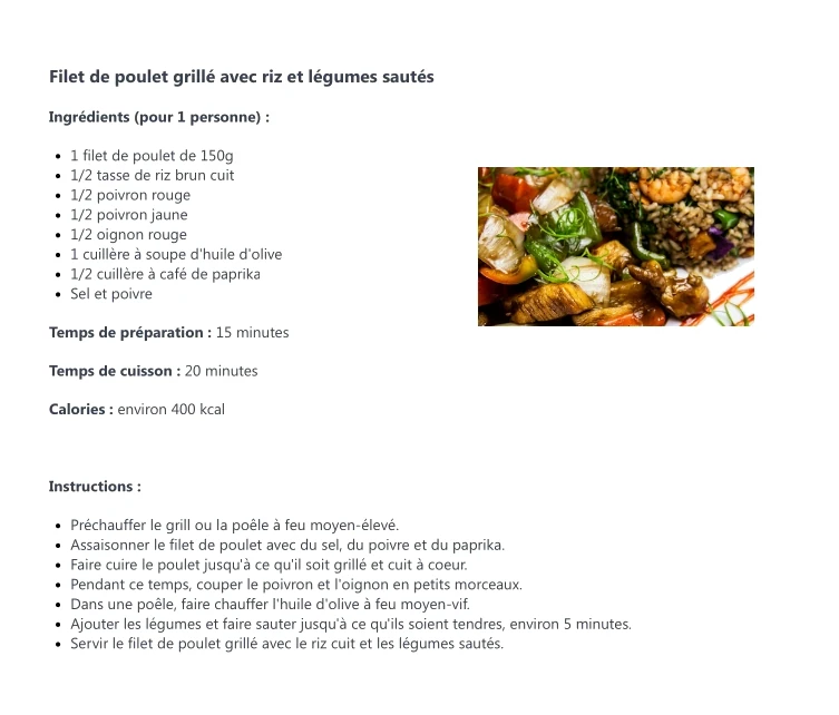 Filet de Poulet Grillé avec Riz et Légumes Sautés