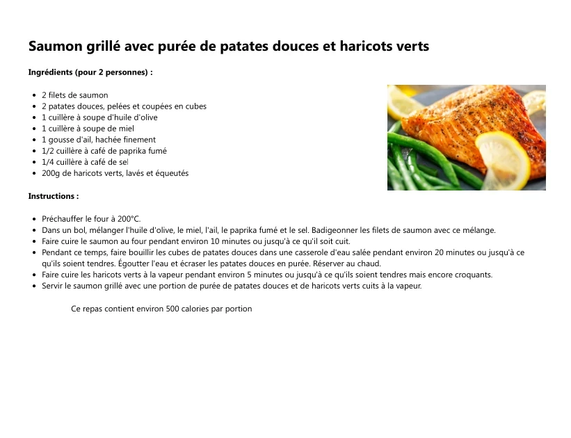 Saumon Grillé avec Purée de Patates Douces et Haricots Verts